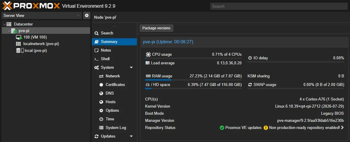 Proxmox VE running on a Raspberry Pi 5